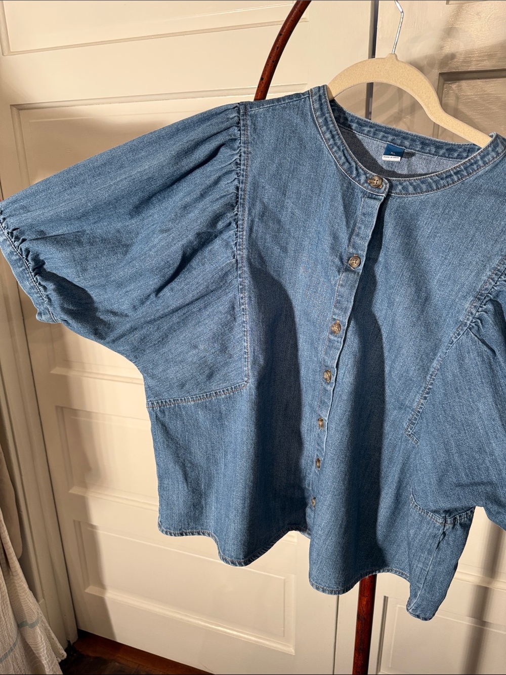 Denim Puff Sleeve cropped Blouse Balloon Sleeve Cottagecore Top XL